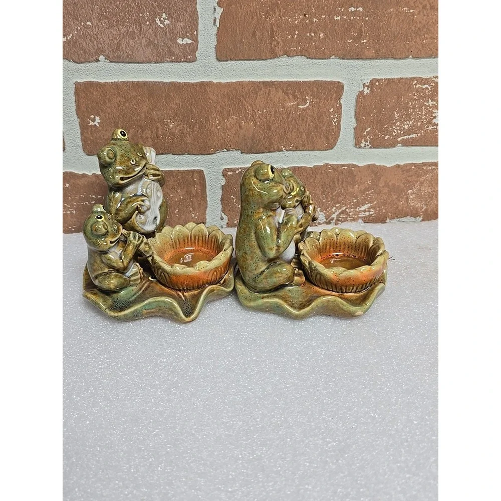Frogs Toads Votive Candle‎ Holder Playing Instruments on Lily Pad Ceramic Lot 2
